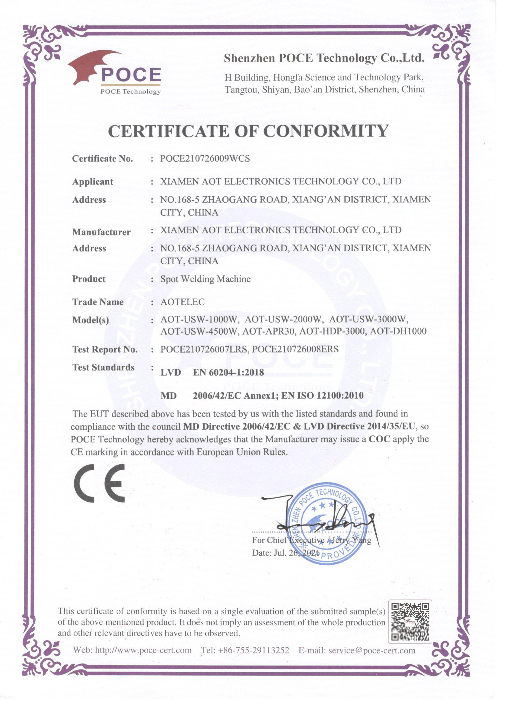 AOT spot welding machine CE Certificate