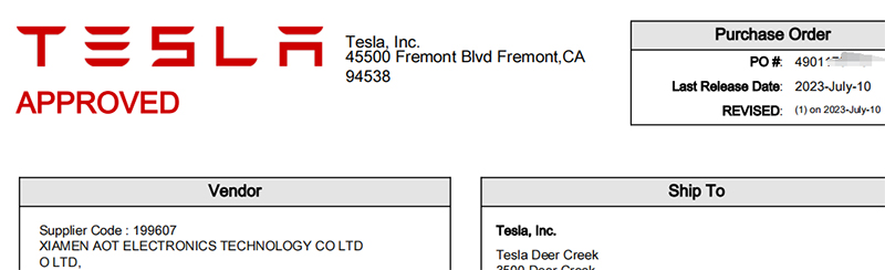 AOTELEC has become a supplier to Tesla